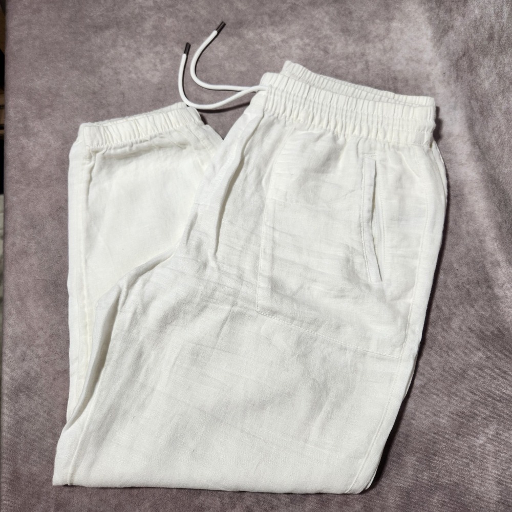 Athleta White‎ 100% Linen Retreat Jogger Pants Womens Size 12 Drawstring pockets